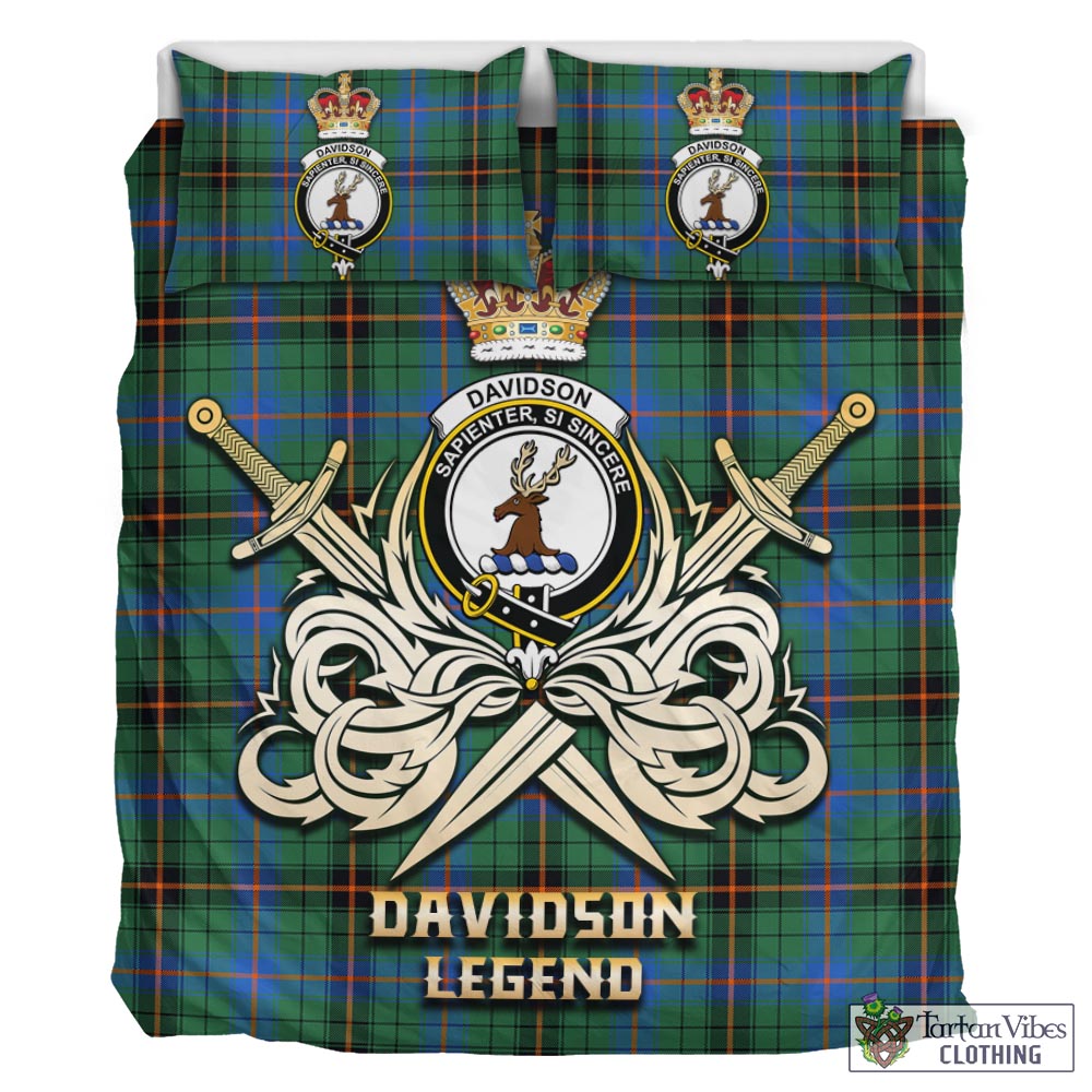 Tartan Vibes Clothing Davidson Ancient Tartan Bedding Set with Clan Crest and the Golden Sword of Courageous Legacy