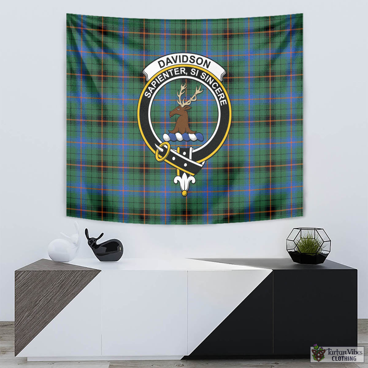 Tartan Vibes Clothing Davidson Ancient Tartan Tapestry Wall Hanging and Home Decor for Room with Family Crest