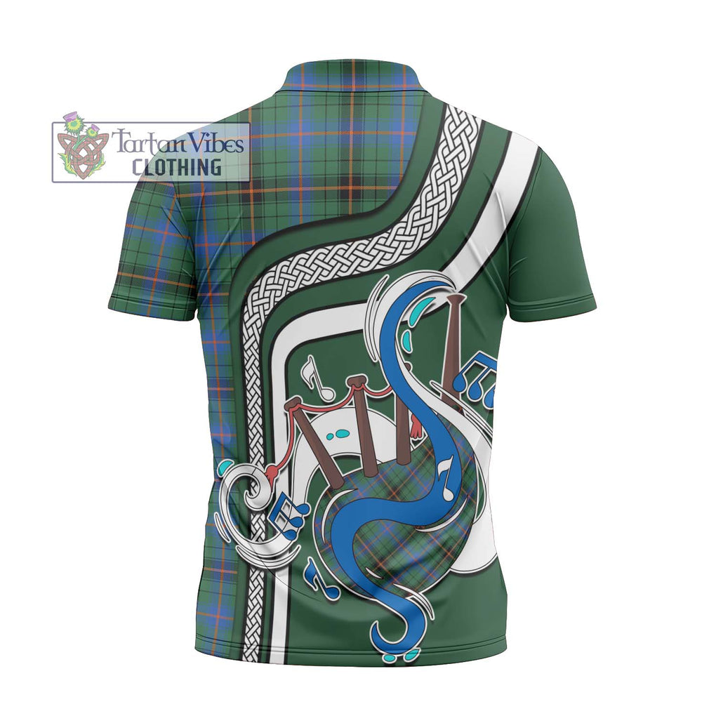 Davidson Ancient Tartan Zipper Polo Shirt with Epic Bagpipe Style - Tartanvibesclothing Shop