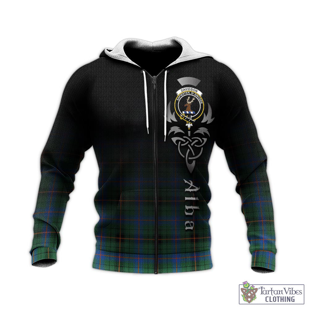 Tartan Vibes Clothing Davidson Ancient Tartan Knitted Hoodie Featuring Alba Gu Brath Family Crest Celtic Inspired