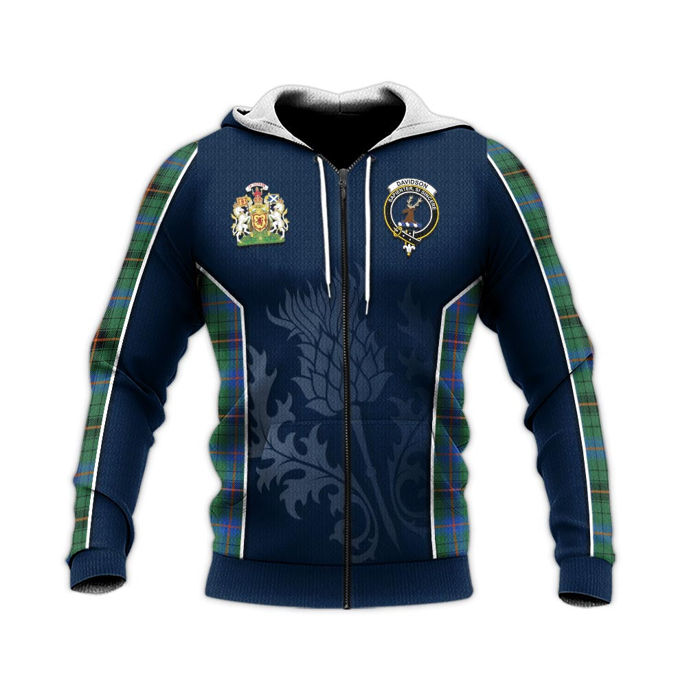 Tartan Vibes Clothing Davidson Ancient Tartan Knitted Hoodie with Family Crest and Scottish Thistle Vibes Sport Style