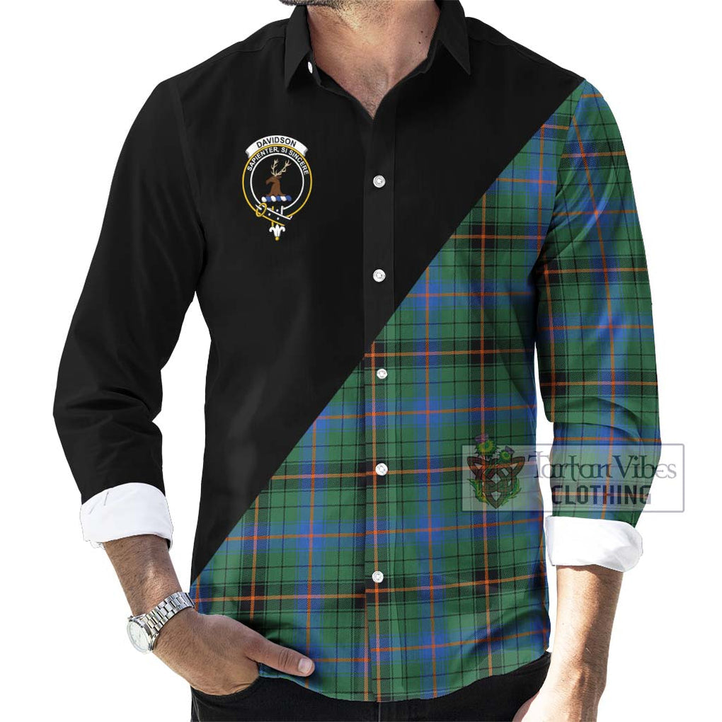 Davidson Ancient Tartan Long Sleeve Button Shirt with Family Crest and Military Logo Style - Tartanvibesclothing Shop