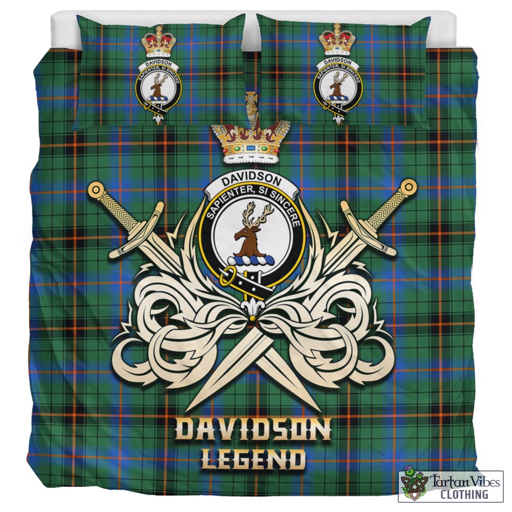 Tartan Vibes Clothing Davidson Ancient Tartan Bedding Set with Clan Crest and the Golden Sword of Courageous Legacy