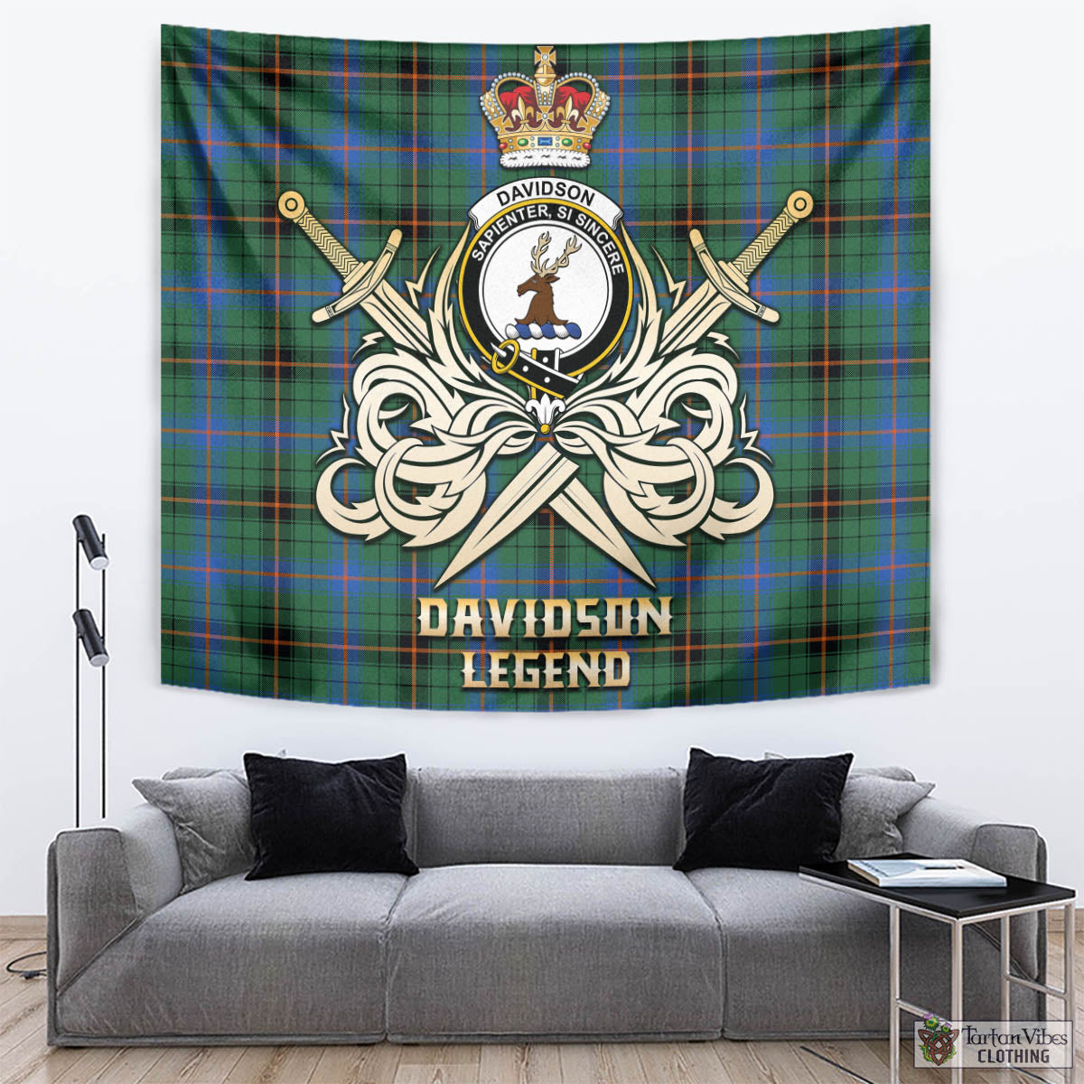 Tartan Vibes Clothing Davidson Ancient Tartan Tapestry with Clan Crest and the Golden Sword of Courageous Legacy