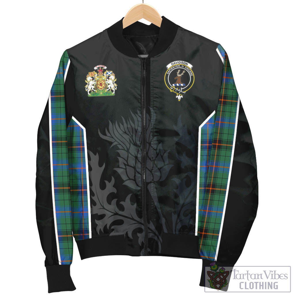 Tartan Vibes Clothing Davidson Ancient Tartan Bomber Jacket with Family Crest and Scottish Thistle Vibes Sport Style