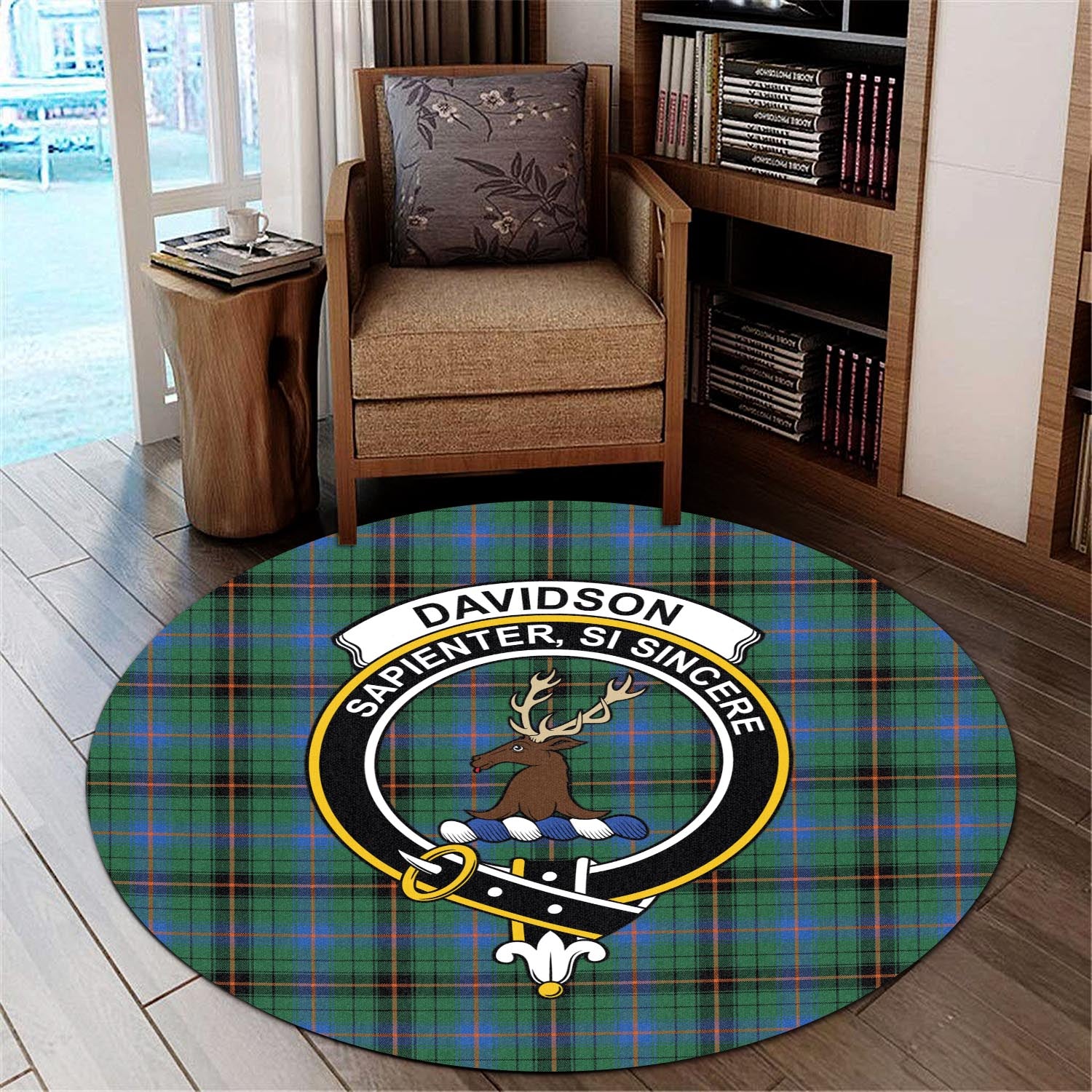 Davidson Ancient Tartan Round Rug with Family Crest - Tartanvibesclothing