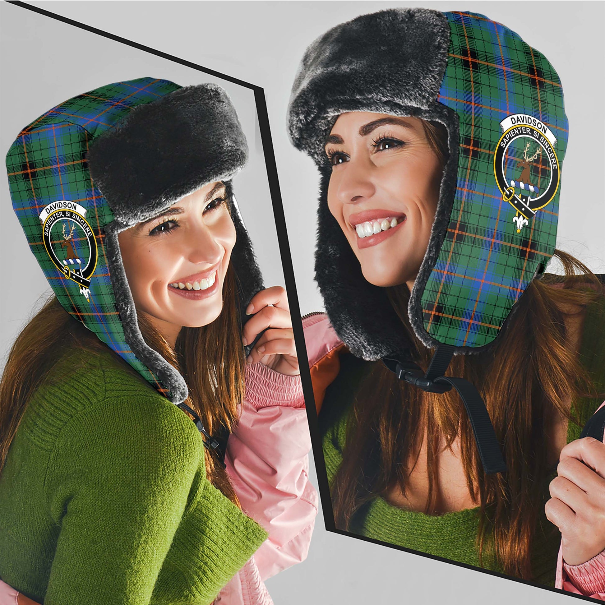 Davidson Ancient Tartan Winter Trapper Hat with Family Crest - Tartanvibesclothing