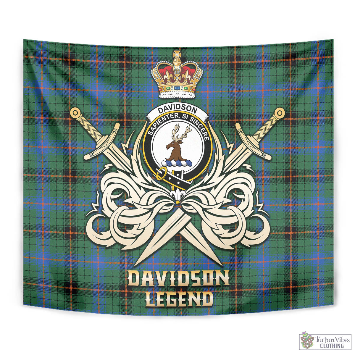 Tartan Vibes Clothing Davidson Ancient Tartan Tapestry with Clan Crest and the Golden Sword of Courageous Legacy