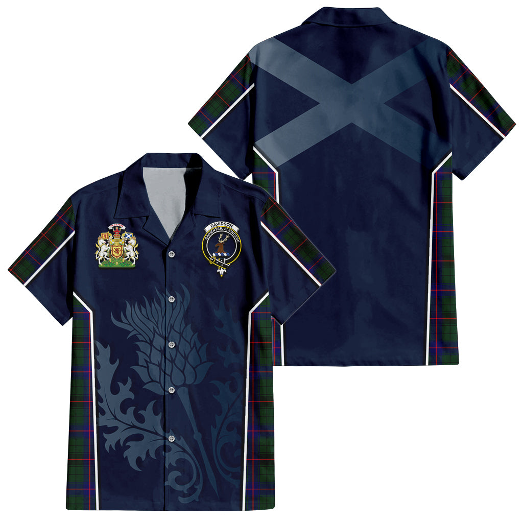 Tartan Vibes Clothing Davidson Modern Tartan Short Sleeve Button Up Shirt with Family Crest and Scottish Thistle Vibes Sport Style