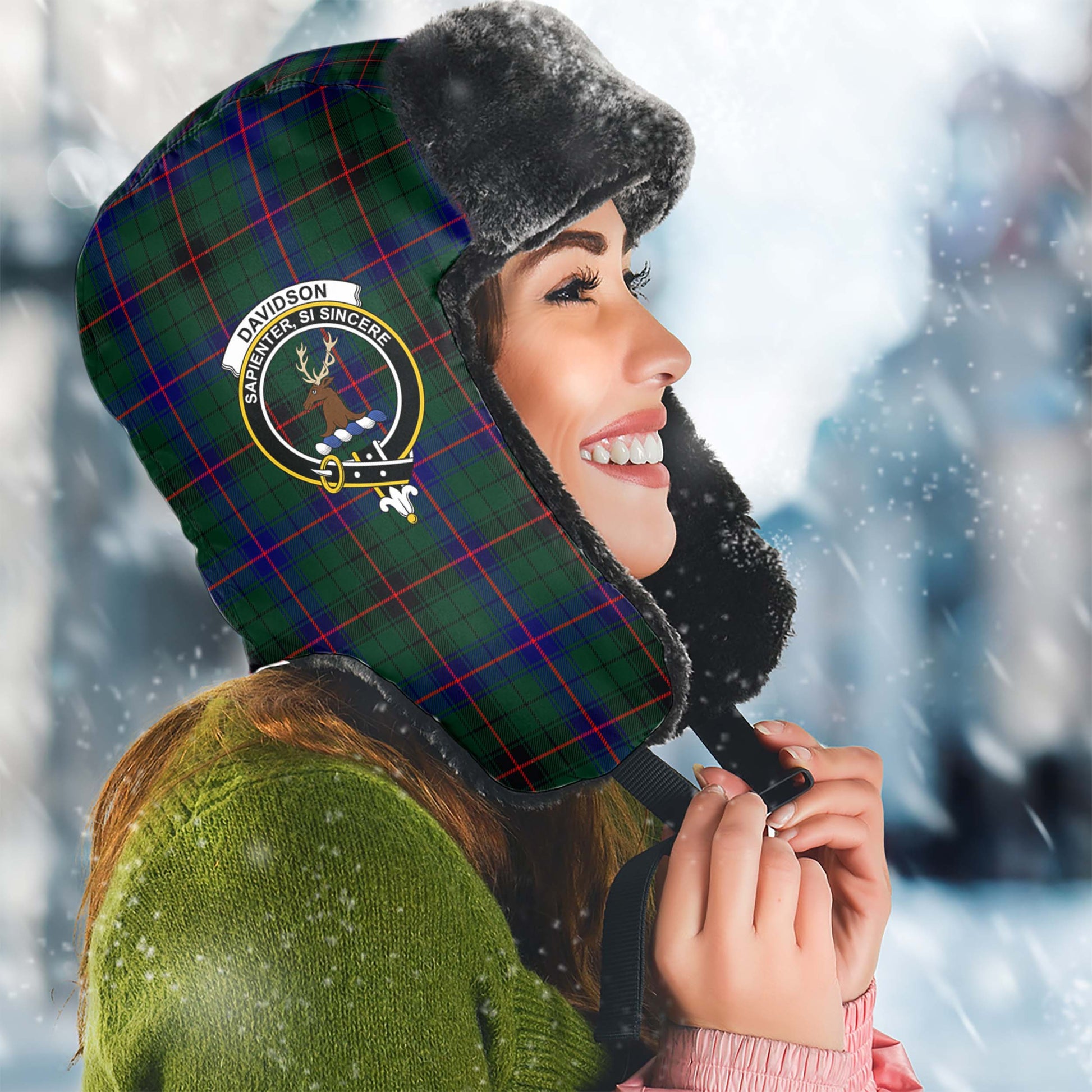 Davidson Modern Tartan Winter Trapper Hat with Family Crest Winter Trapper Hat Universal Fit Circumference 22.8in (58cm) - Tartanvibesclothing