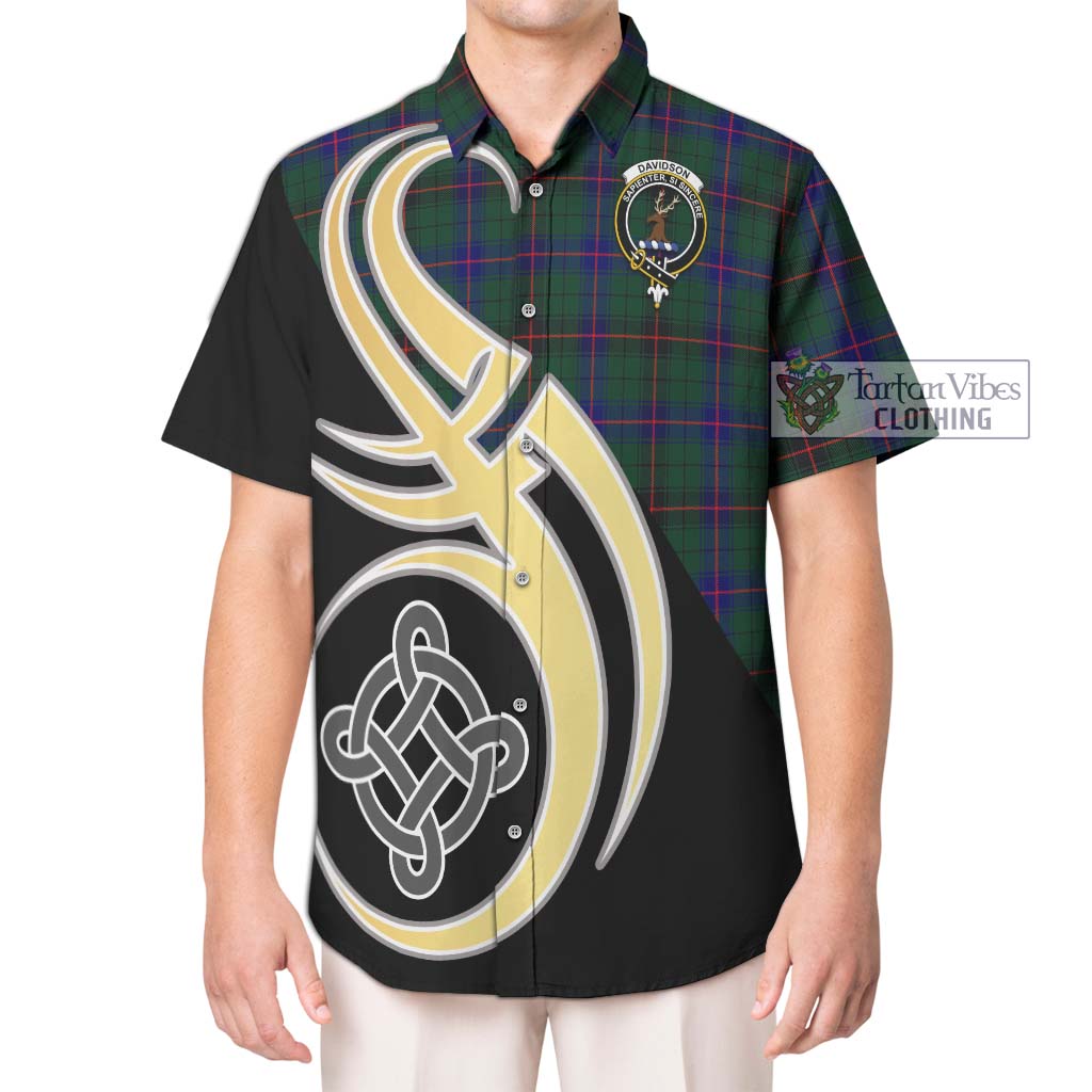 Davidson Modern Tartan Short Sleeve Button Shirt with Family Crest and Celtic Symbol Style Kid - Tartan Vibes Clothing