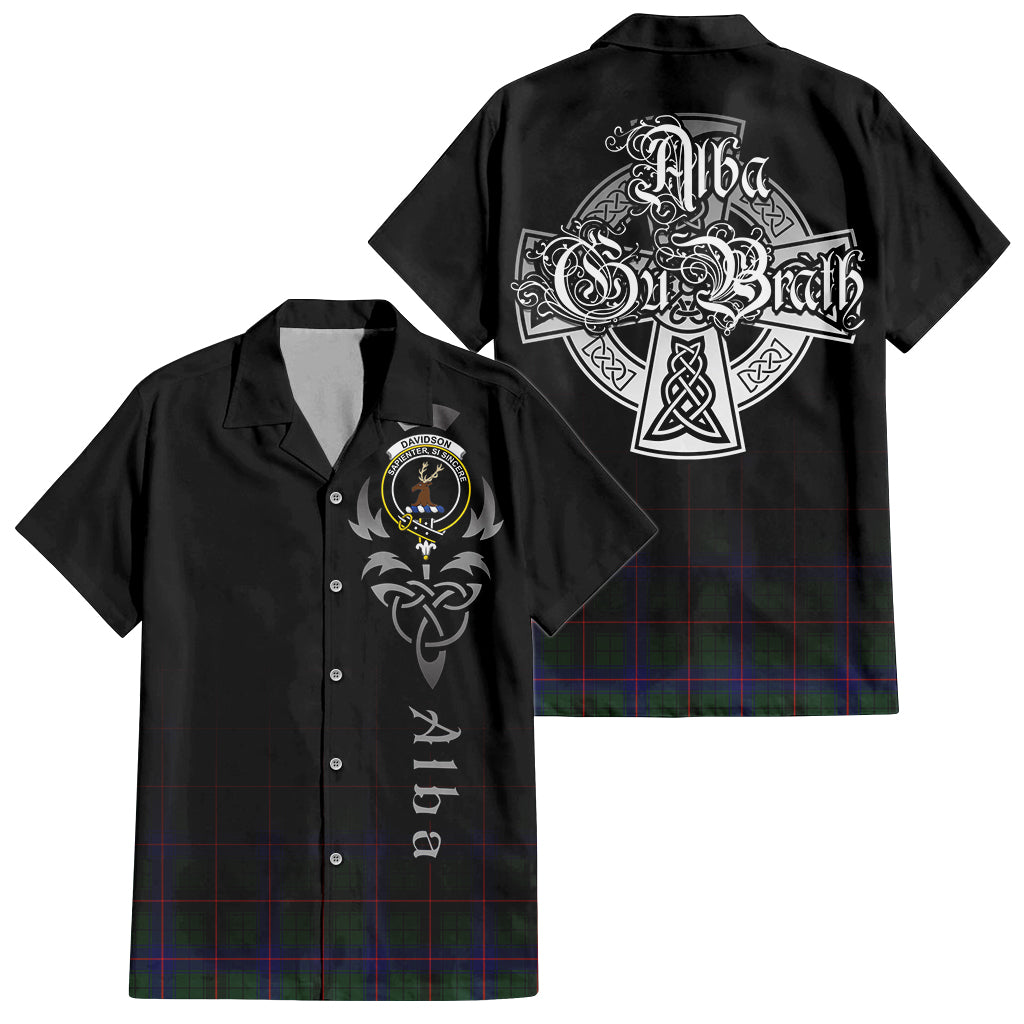 Tartan Vibes Clothing Davidson Modern Tartan Short Sleeve Button Up Featuring Alba Gu Brath Family Crest Celtic Inspired