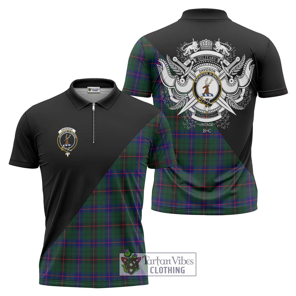 Davidson Modern Tartan Zipper Polo Shirt with Family Crest and Military Logo Style Unisex - Tartanvibesclothing Shop