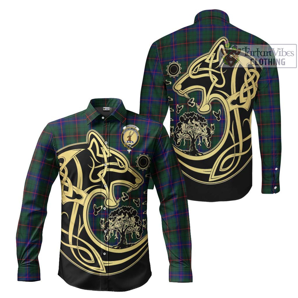 Davidson Modern Tartan Long Sleeve Button Shirt with Family Crest Celtic Wolf Style Men's Shirt S - Tartan Vibes Clothing