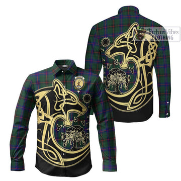 Davidson Modern Tartan Long Sleeve Button Shirt with Family Crest Celtic Wolf Style