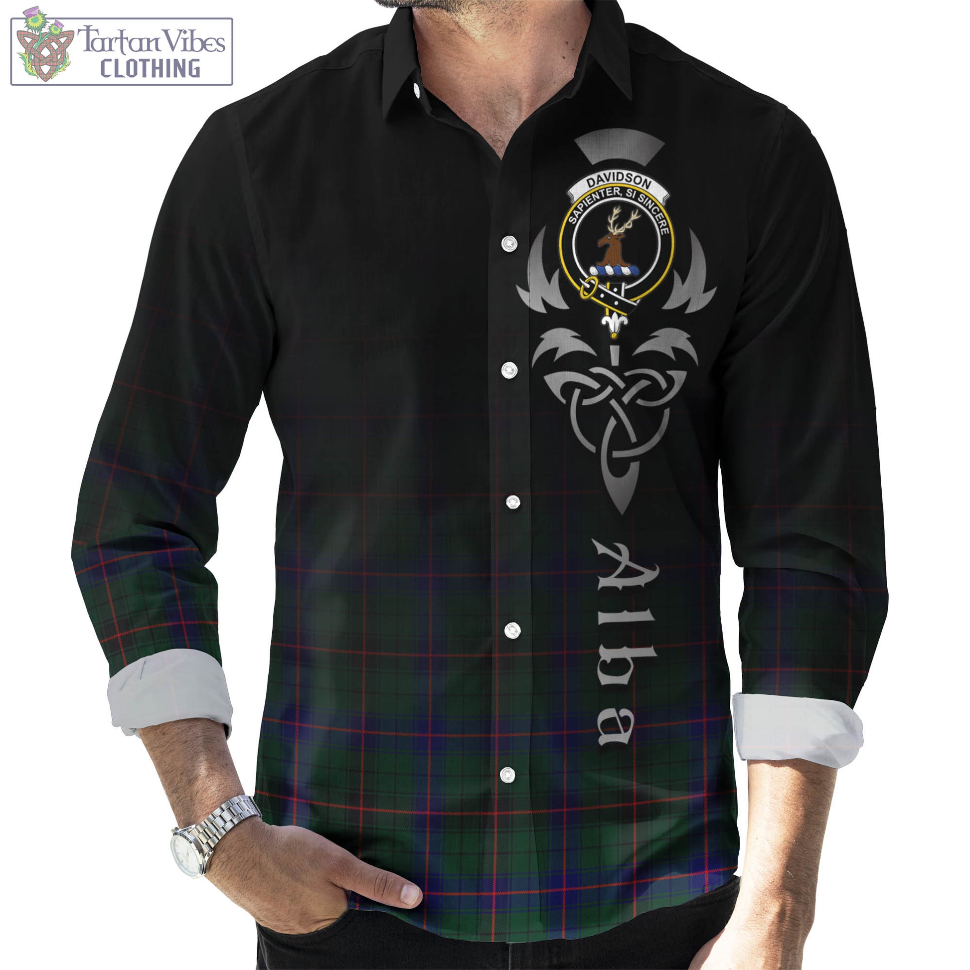 Tartan Vibes Clothing Davidson Modern Tartan Long Sleeve Button Up Featuring Alba Gu Brath Family Crest Celtic Inspired