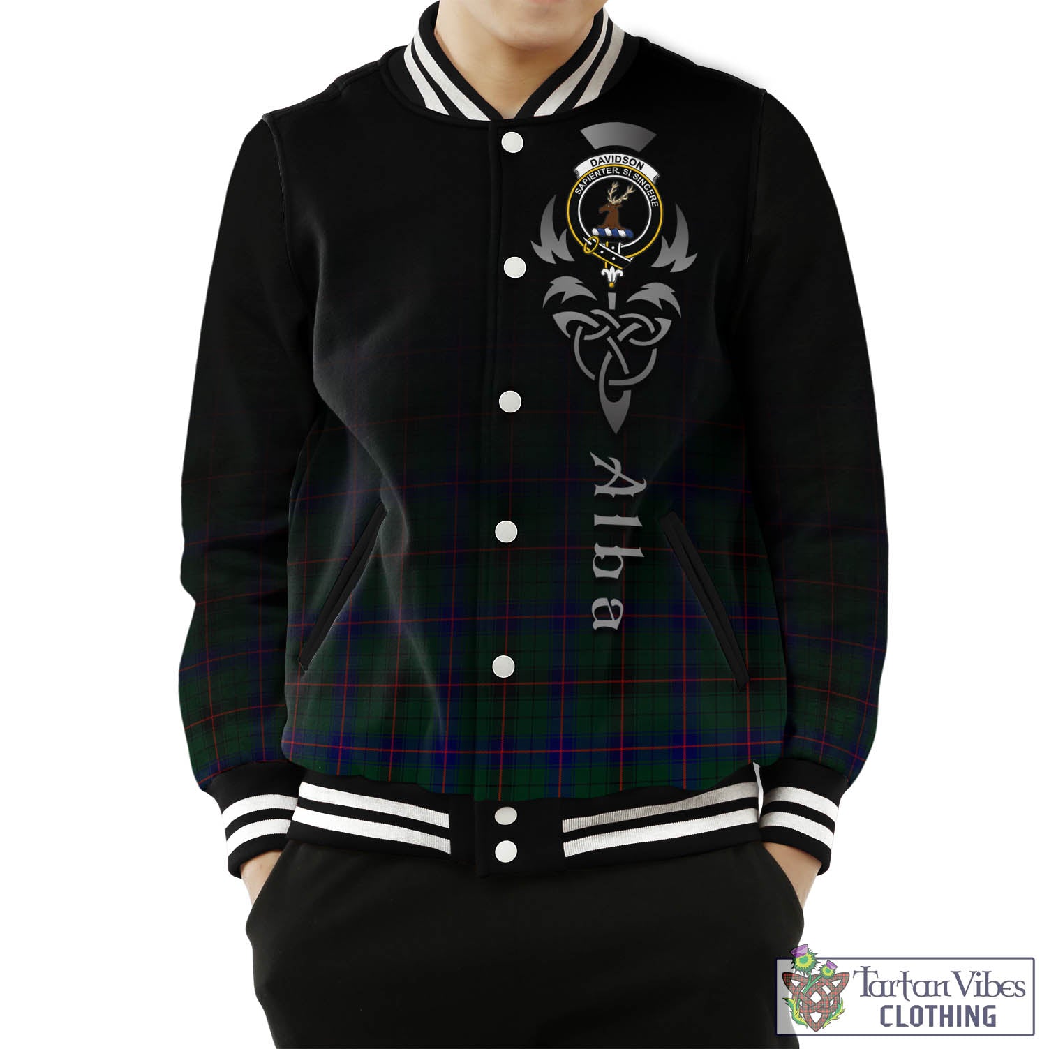 Tartan Vibes Clothing Davidson Modern Tartan Baseball Jacket Featuring Alba Gu Brath Family Crest Celtic Inspired