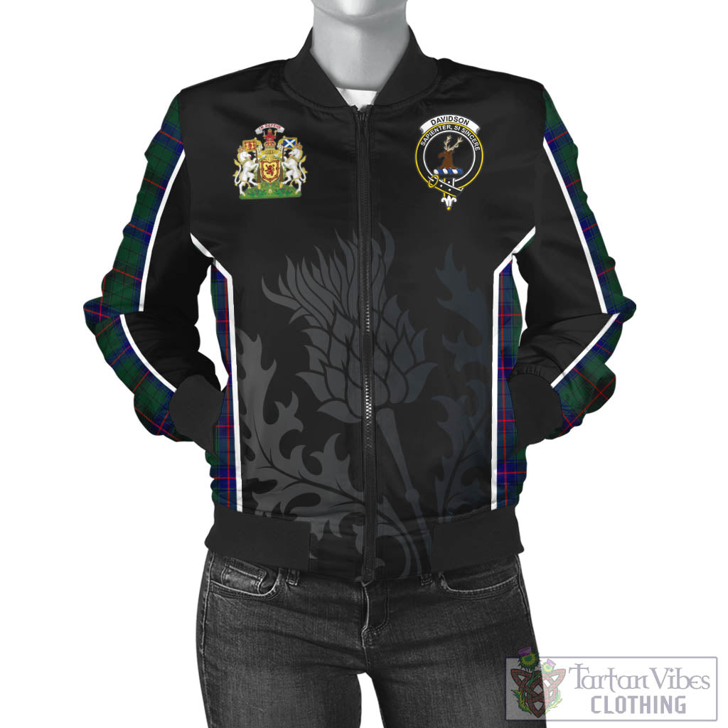 Tartan Vibes Clothing Davidson Modern Tartan Bomber Jacket with Family Crest and Scottish Thistle Vibes Sport Style