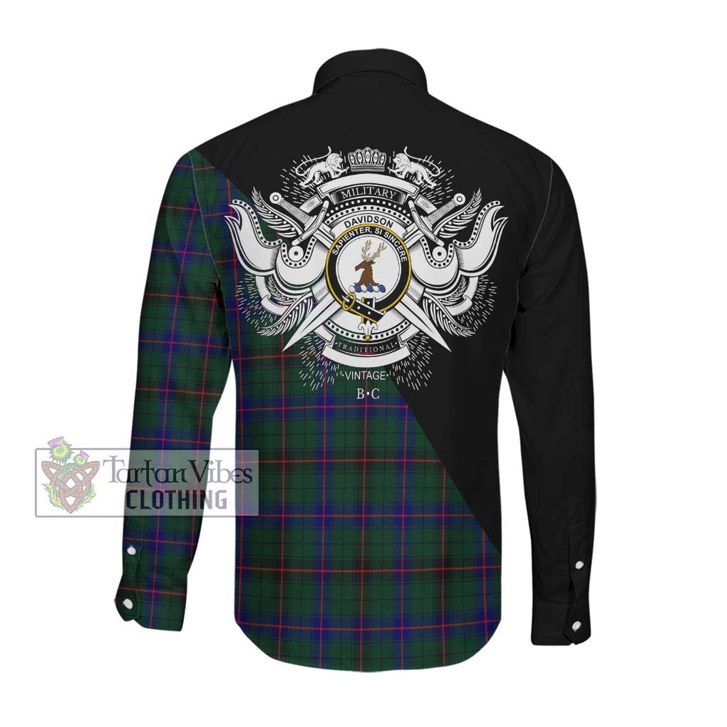 Davidson Modern Tartan Long Sleeve Button Shirt with Family Crest and Military Logo Style Men's Shirt - Tartanvibesclothing Shop