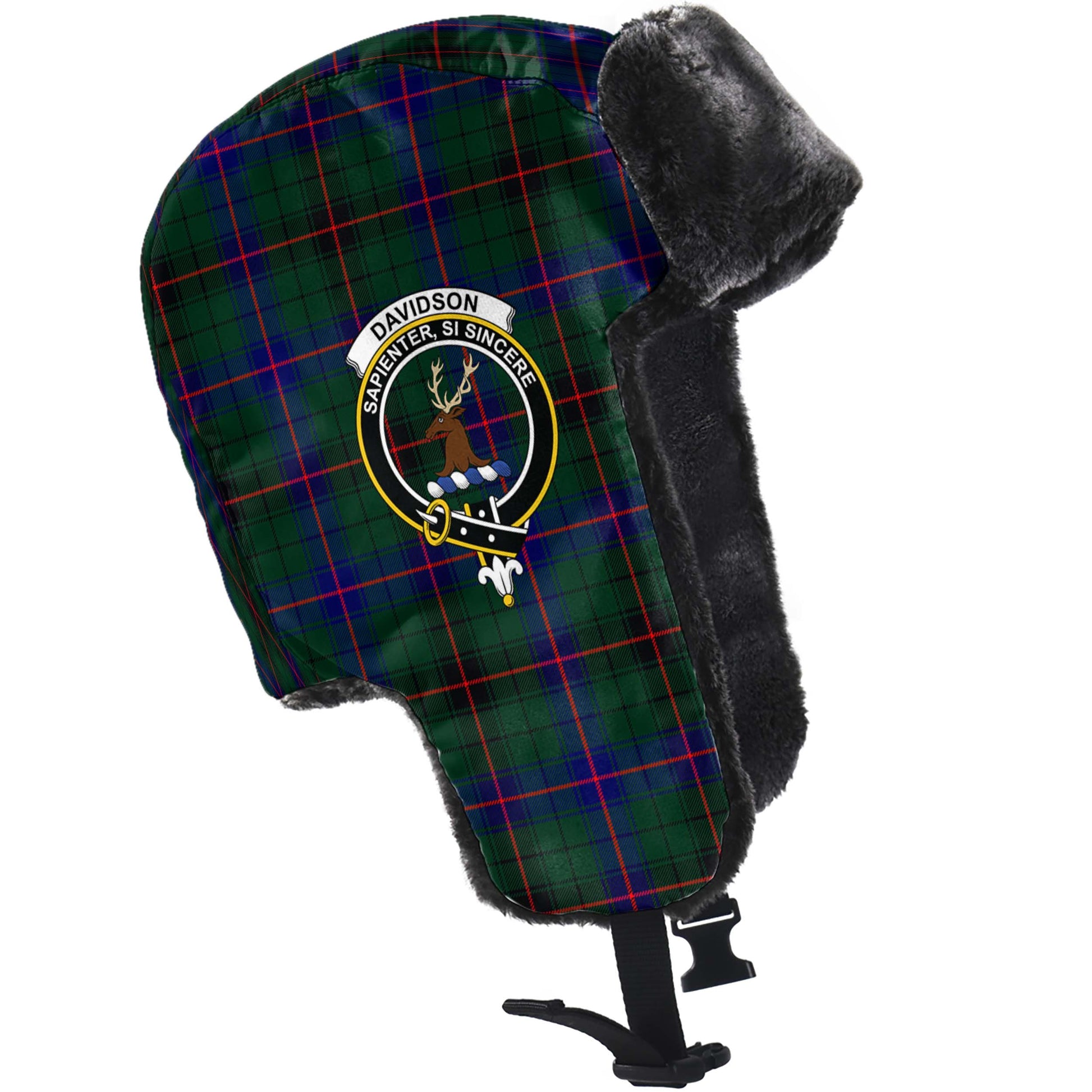 Davidson Modern Tartan Winter Trapper Hat with Family Crest - Tartanvibesclothing