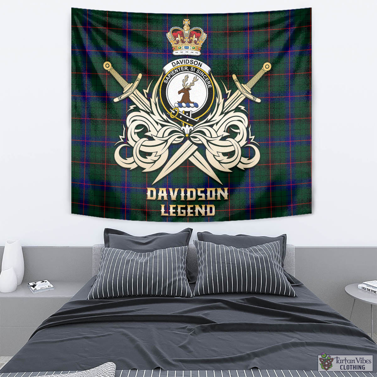 Tartan Vibes Clothing Davidson Modern Tartan Tapestry with Clan Crest and the Golden Sword of Courageous Legacy