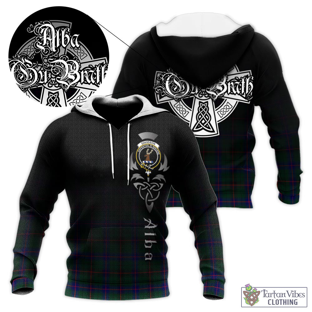 Tartan Vibes Clothing Davidson Modern Tartan Knitted Hoodie Featuring Alba Gu Brath Family Crest Celtic Inspired