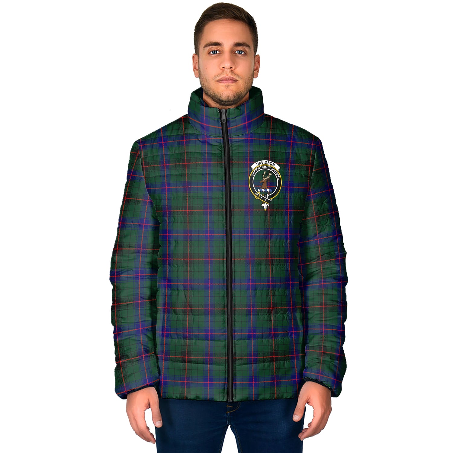 Davidson Modern Tartan Padded Jacket with Family Crest - Tartan Vibes Clothing