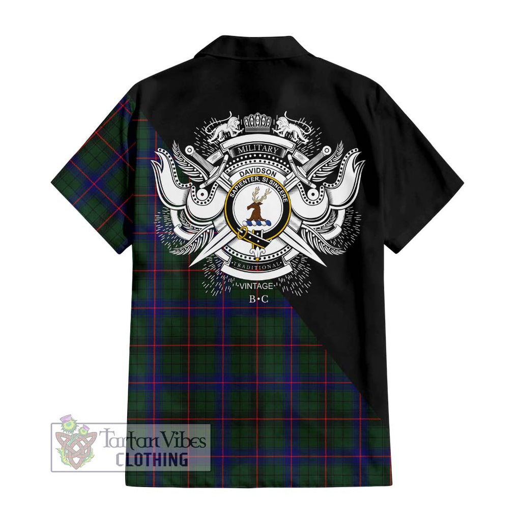 Davidson Modern Tartan Short Sleeve Button Shirt with Family Crest and Military Logo Style - Tartanvibesclothing Shop