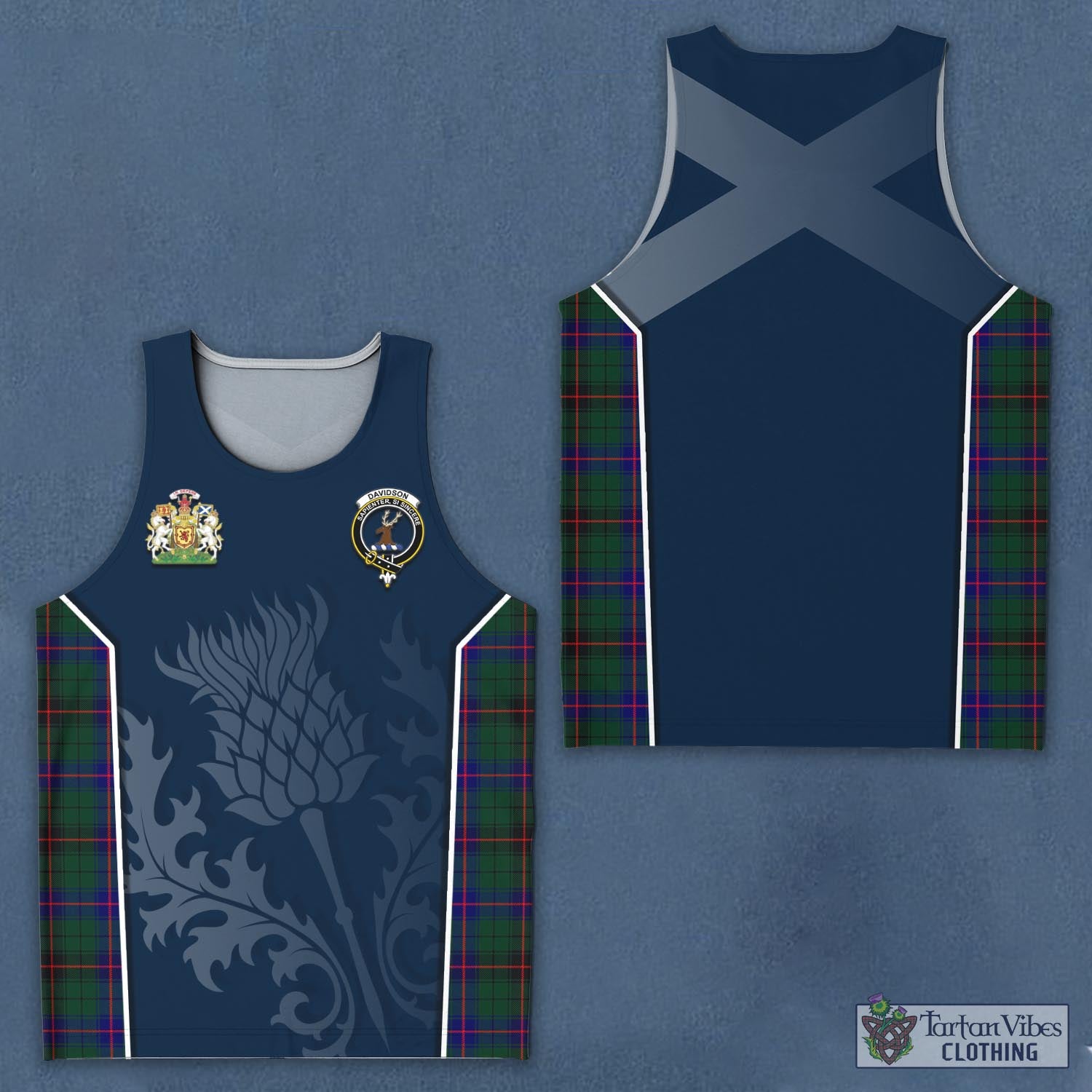 Tartan Vibes Clothing Davidson Modern Tartan Men's Tanks Top with Family Crest and Scottish Thistle Vibes Sport Style