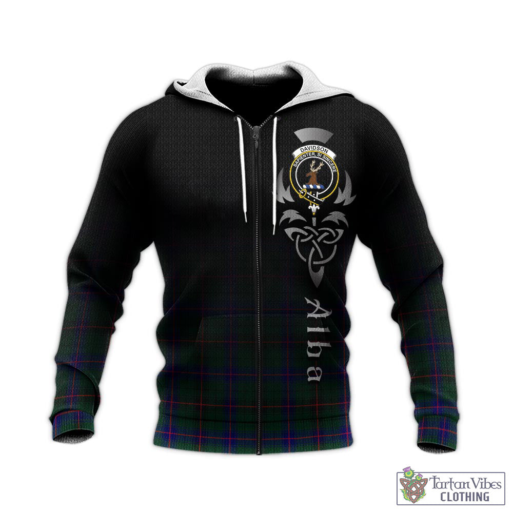 Tartan Vibes Clothing Davidson Modern Tartan Knitted Hoodie Featuring Alba Gu Brath Family Crest Celtic Inspired