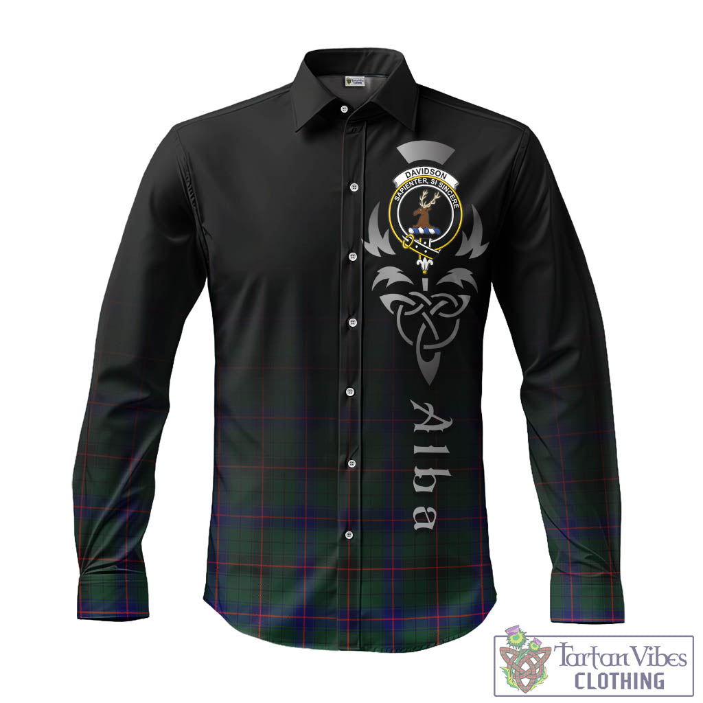 Tartan Vibes Clothing Davidson Modern Tartan Long Sleeve Button Up Featuring Alba Gu Brath Family Crest Celtic Inspired