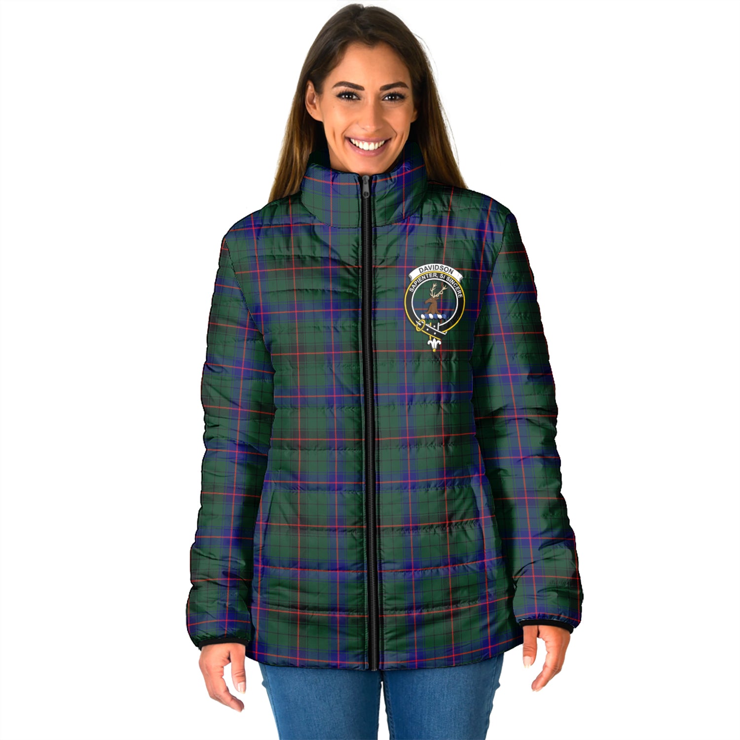 Davidson Modern Tartan Padded Jacket with Family Crest - Tartan Vibes Clothing