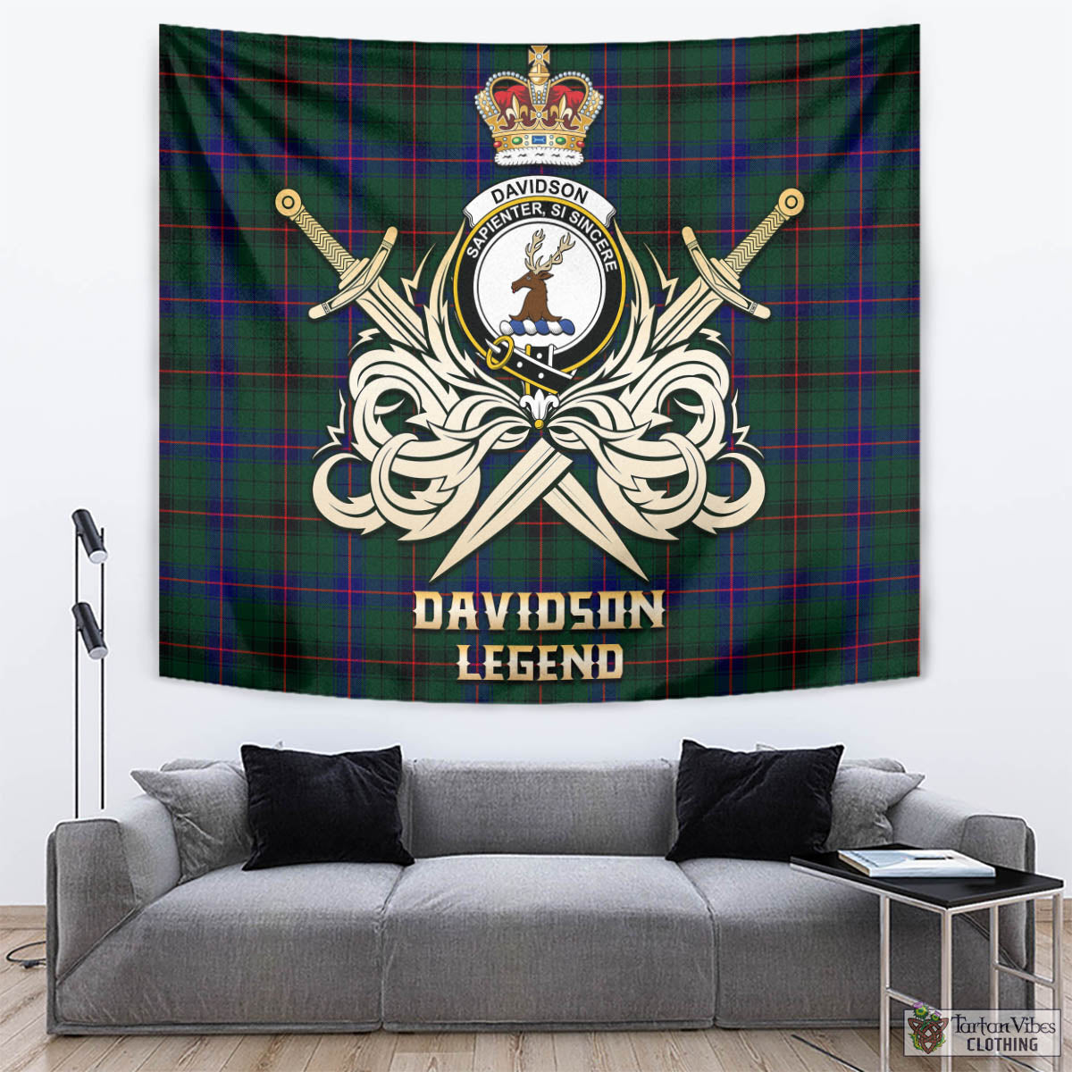 Tartan Vibes Clothing Davidson Modern Tartan Tapestry with Clan Crest and the Golden Sword of Courageous Legacy