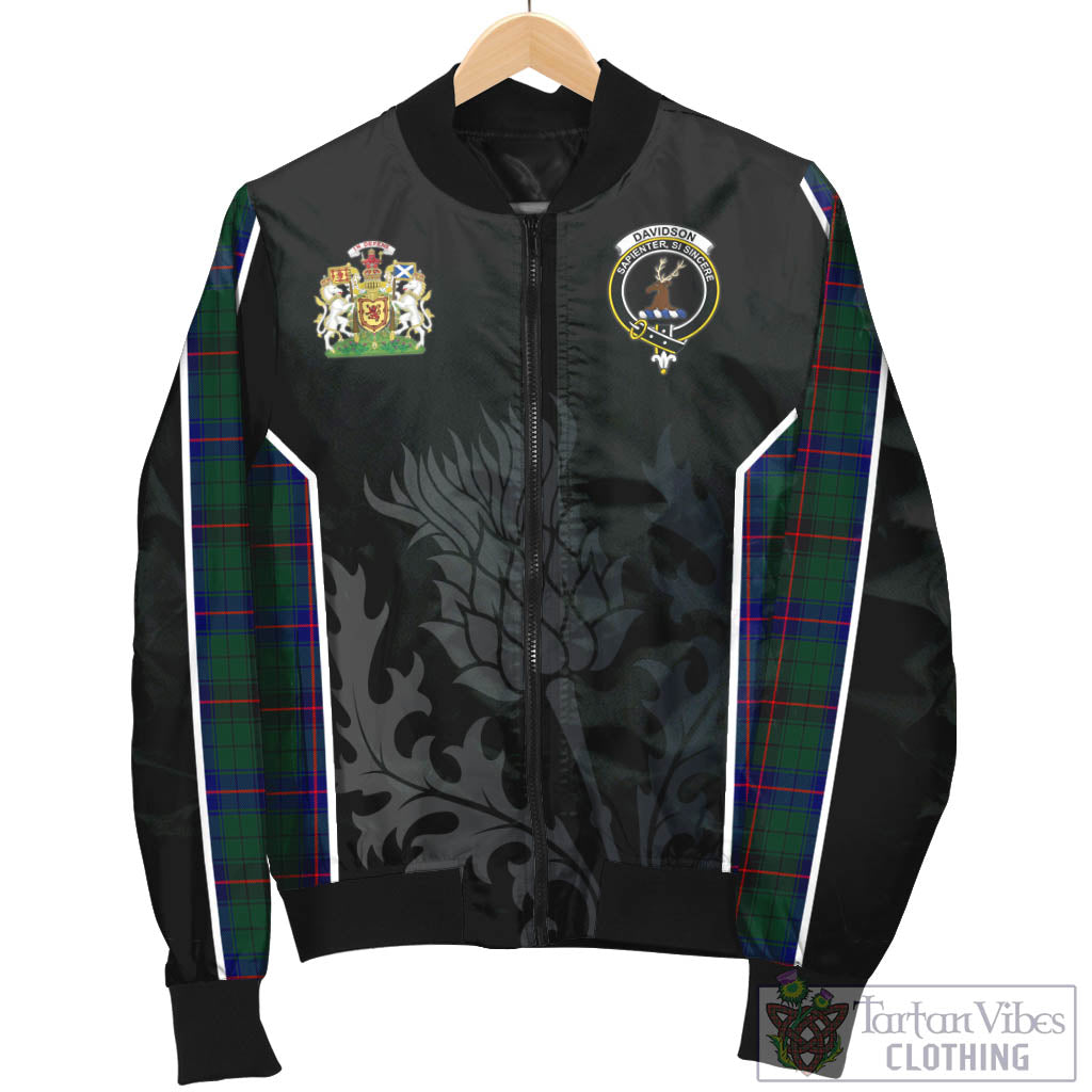 Tartan Vibes Clothing Davidson Modern Tartan Bomber Jacket with Family Crest and Scottish Thistle Vibes Sport Style