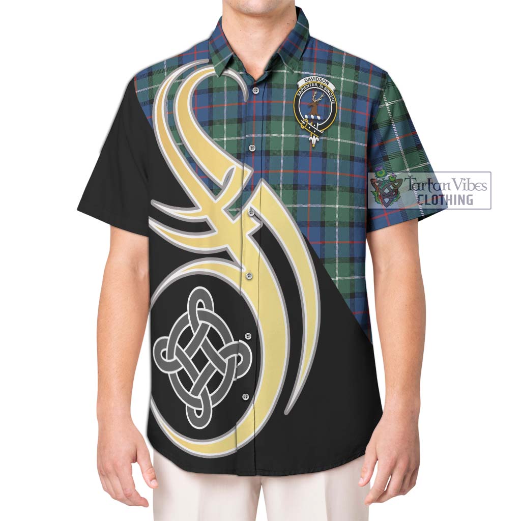 Davidson of Tulloch Tartan Short Sleeve Button Shirt with Family Crest and Celtic Symbol Style Kid - Tartan Vibes Clothing