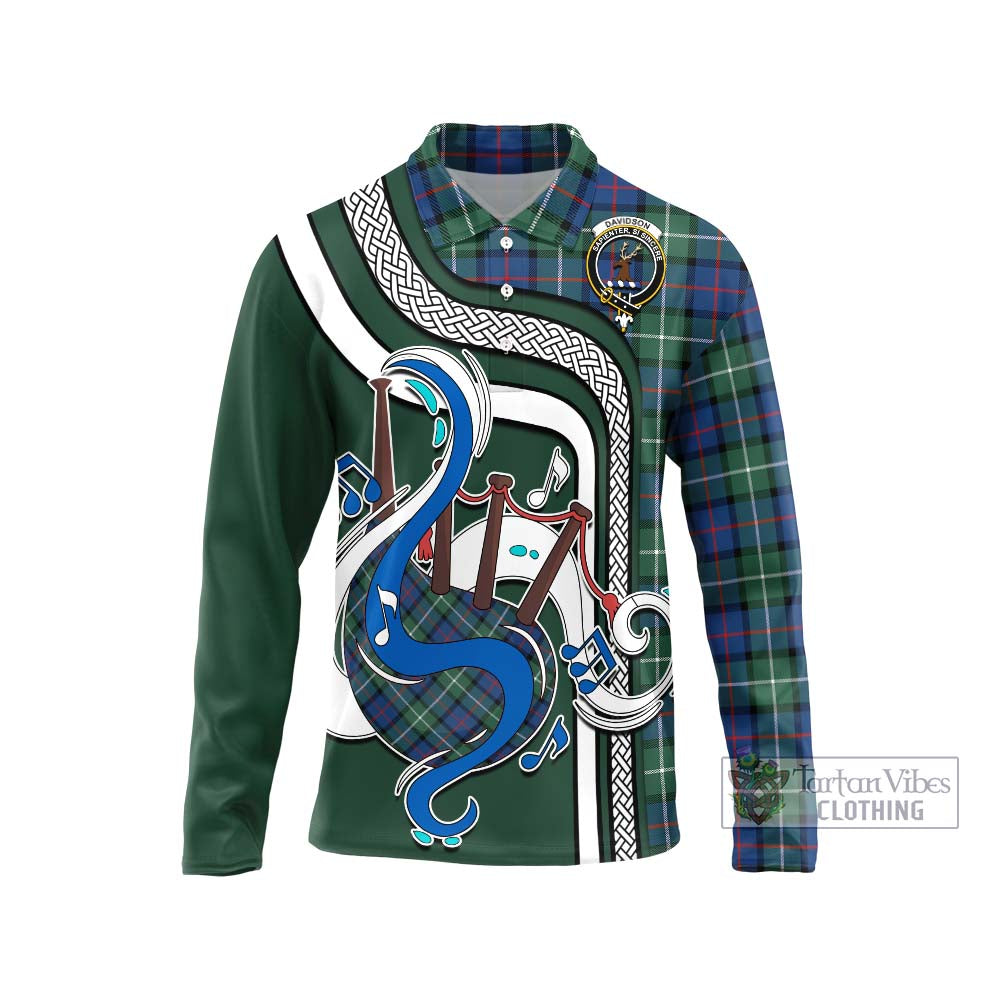 Tartan Vibes Clothing Davidson of Tulloch Tartan Long Sleeve Polo Shirt with Epic Bagpipe Style