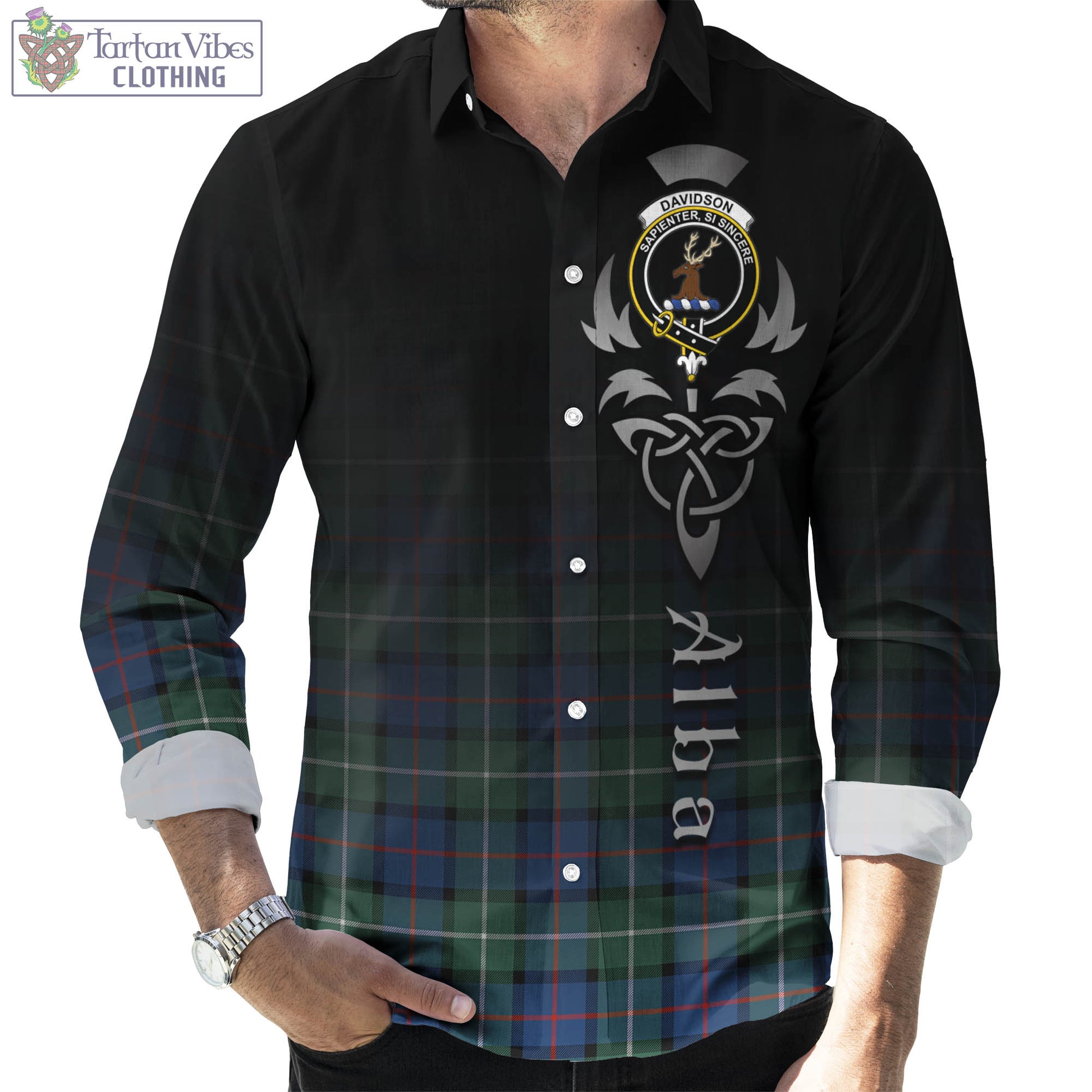 Tartan Vibes Clothing Davidson of Tulloch Tartan Long Sleeve Button Up Featuring Alba Gu Brath Family Crest Celtic Inspired