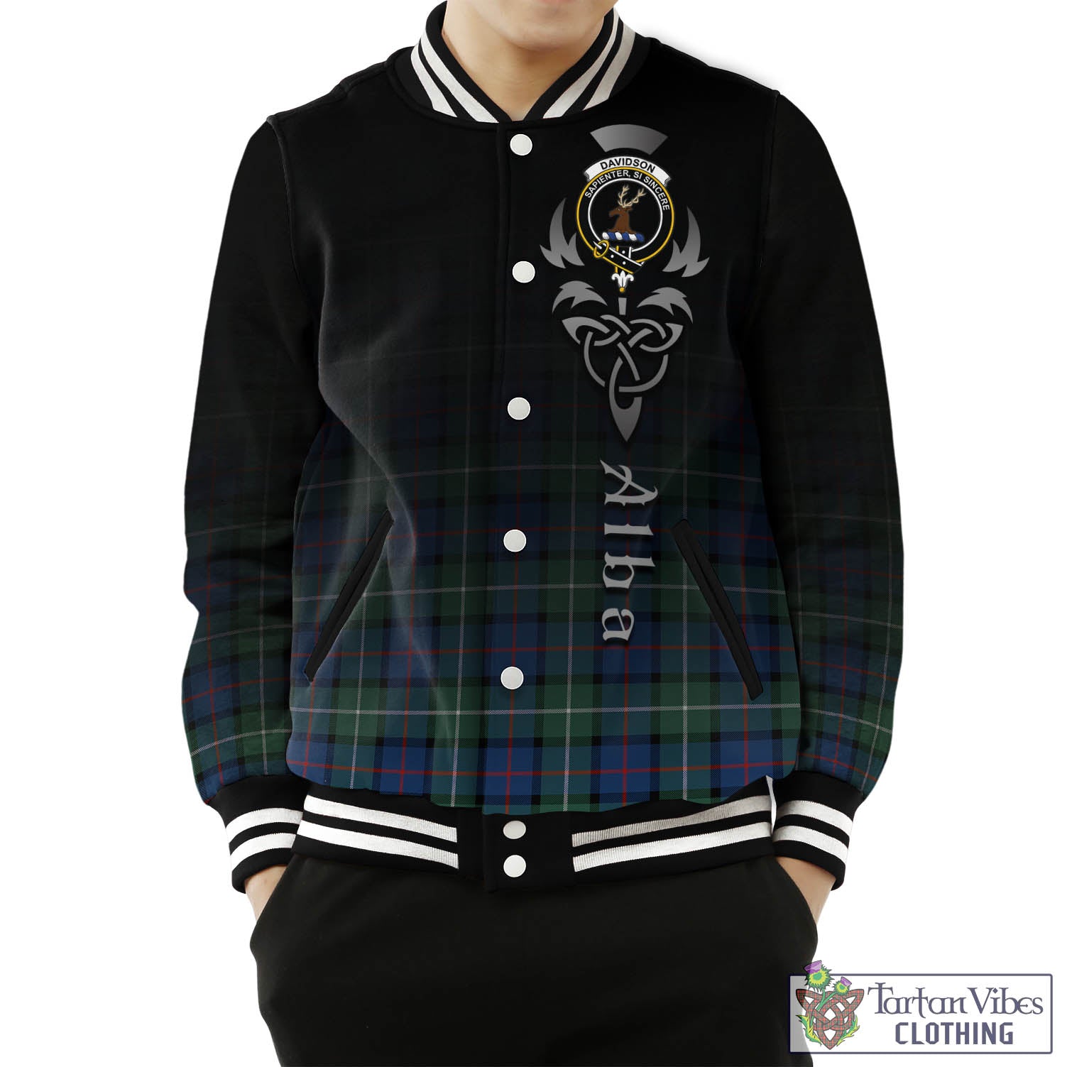 Tartan Vibes Clothing Davidson of Tulloch Tartan Baseball Jacket Featuring Alba Gu Brath Family Crest Celtic Inspired