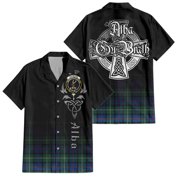 Davidson of Tulloch Tartan Short Sleeve Button Up Shirt Featuring Alba Gu Brath Family Crest Celtic Inspired