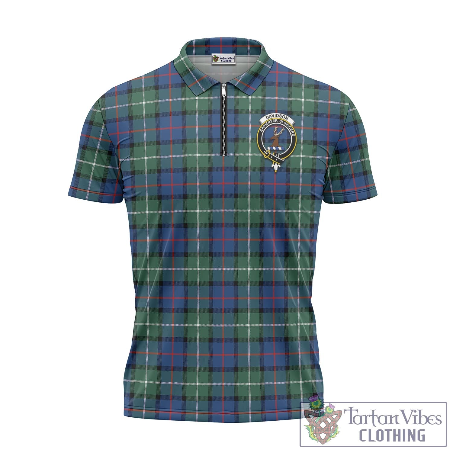 Tartan Vibes Clothing Davidson of Tulloch Tartan Zipper Polo Shirt with Family Crest