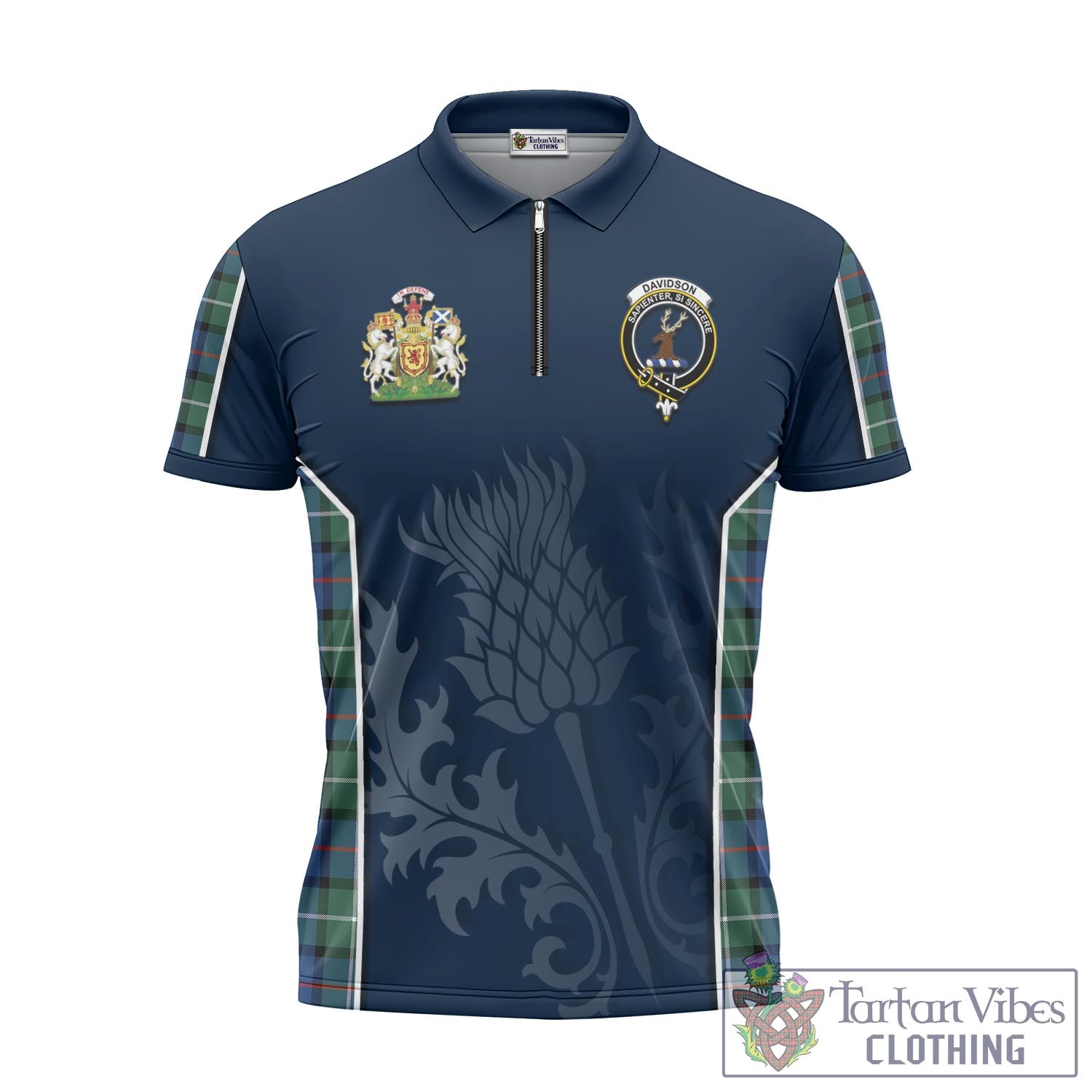 Tartan Vibes Clothing Davidson of Tulloch Tartan Zipper Polo Shirt with Family Crest and Scottish Thistle Vibes Sport Style