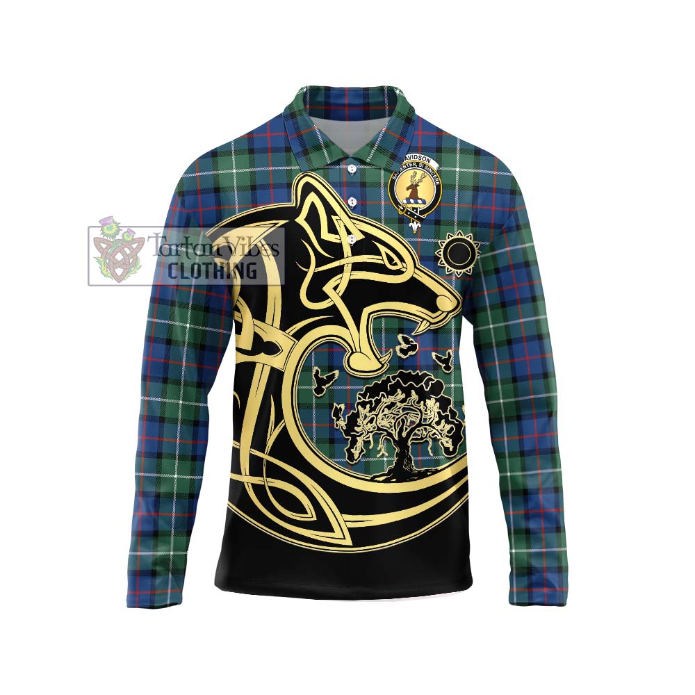 Davidson of Tulloch Tartan Long Sleeve Polo Shirt with Family Crest Celtic Wolf Style Unisex - Tartanvibesclothing Shop