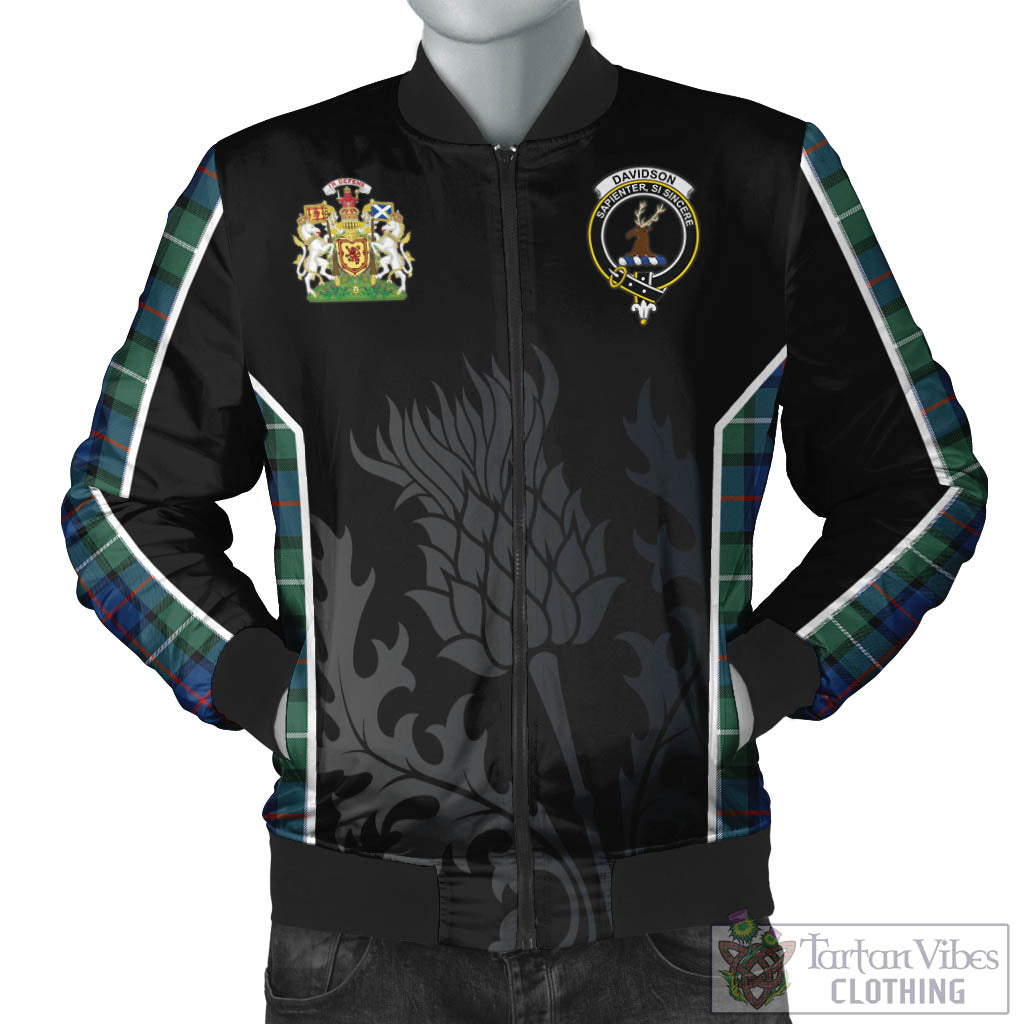 Tartan Vibes Clothing Davidson of Tulloch Tartan Bomber Jacket with Family Crest and Scottish Thistle Vibes Sport Style