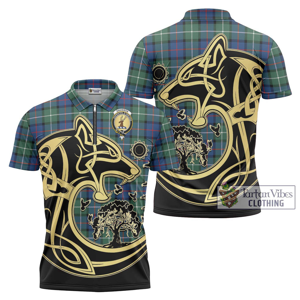 Davidson of Tulloch Tartan Zipper Polo Shirt with Family Crest Celtic Wolf Style Unisex - Tartanvibesclothing Shop