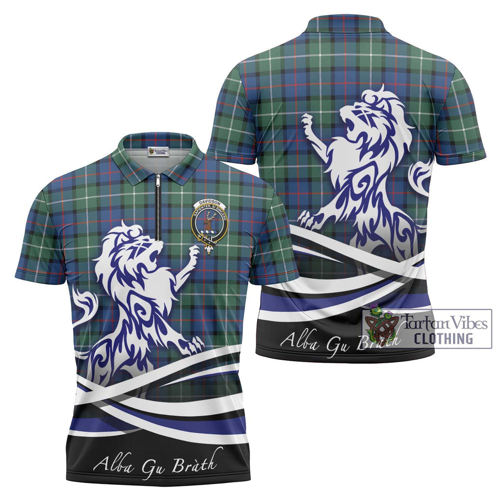 Davidson of Tulloch Tartan Zipper Polo Shirt with Alba Gu Brath Regal Lion Emblem Unisex - Tartanvibesclothing Shop