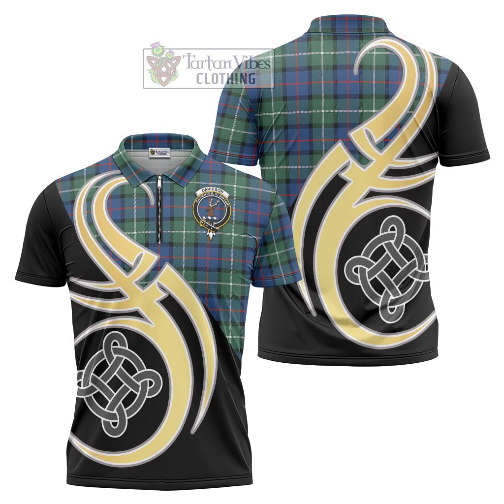 Tartan Vibes Clothing Davidson of Tulloch Tartan Zipper Polo Shirt with Family Crest and Celtic Symbol Style