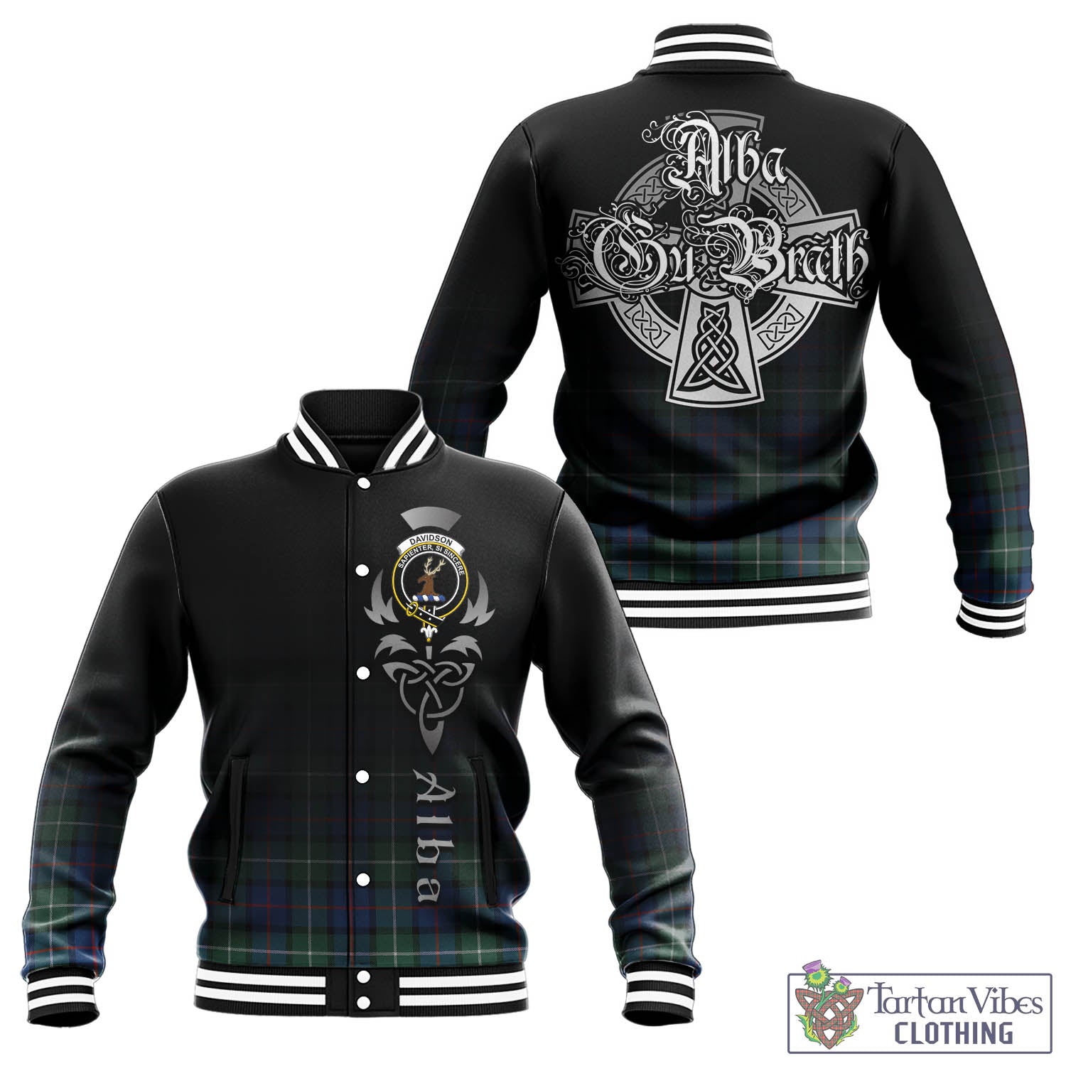 Tartan Vibes Clothing Davidson of Tulloch Tartan Baseball Jacket Featuring Alba Gu Brath Family Crest Celtic Inspired