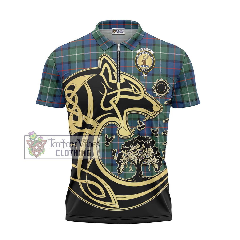 Davidson of Tulloch Tartan Zipper Polo Shirt with Family Crest Celtic Wolf Style - Tartanvibesclothing Shop