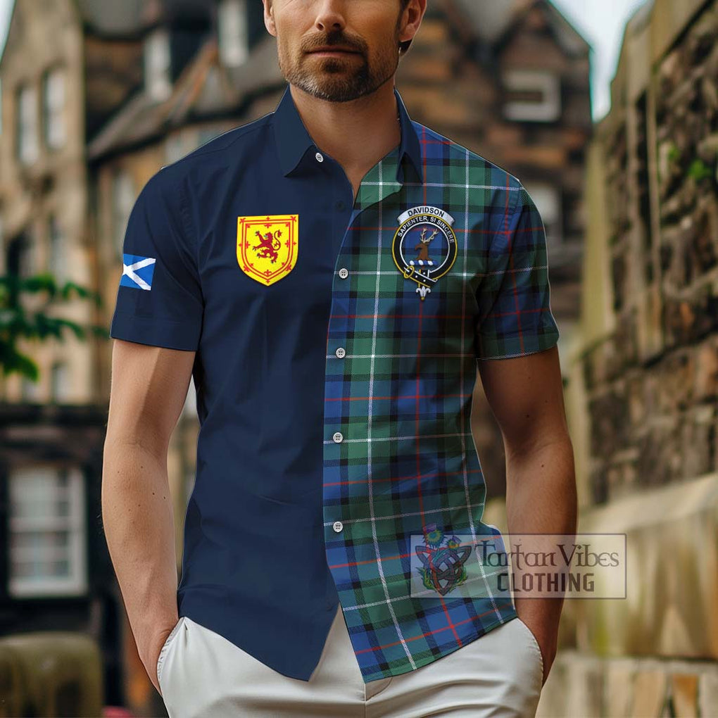 Tartan Vibes Clothing Davidson of Tulloch Tartan Short Sleeve Button Shirt with Scottish Lion Royal Arm Half Style