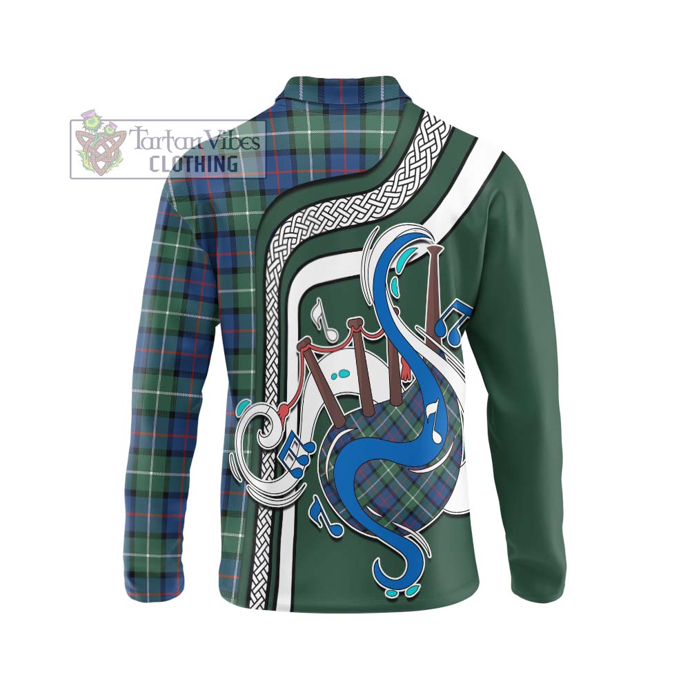 Tartan Vibes Clothing Davidson of Tulloch Tartan Long Sleeve Polo Shirt with Epic Bagpipe Style